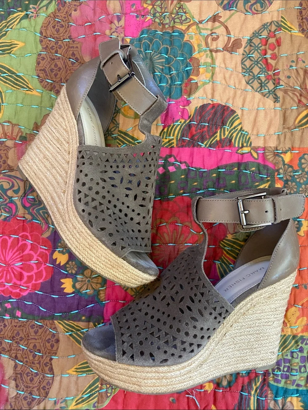 Marc Fisher Olive Green Laser-Cut Espadrille Wedges